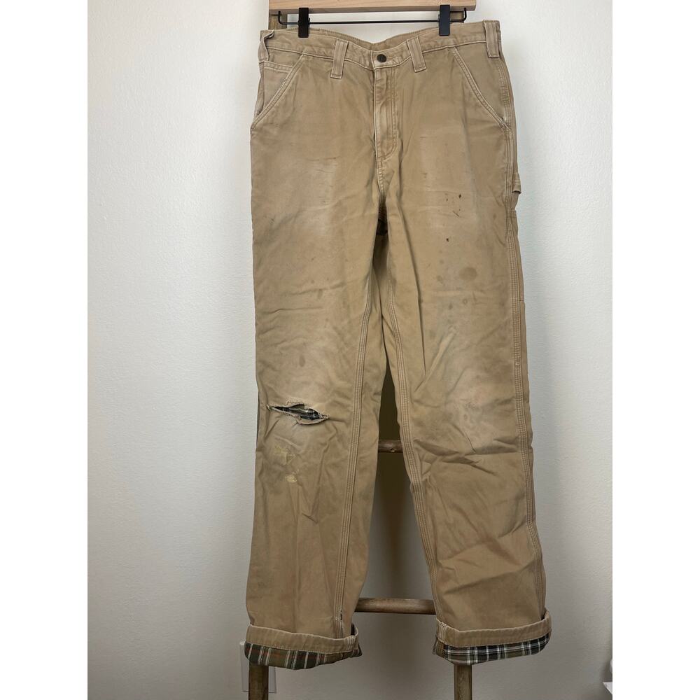 Distressed Flannel Lined Carhartt Carpenter Cargo Pant Tan Menes 33 x 34
